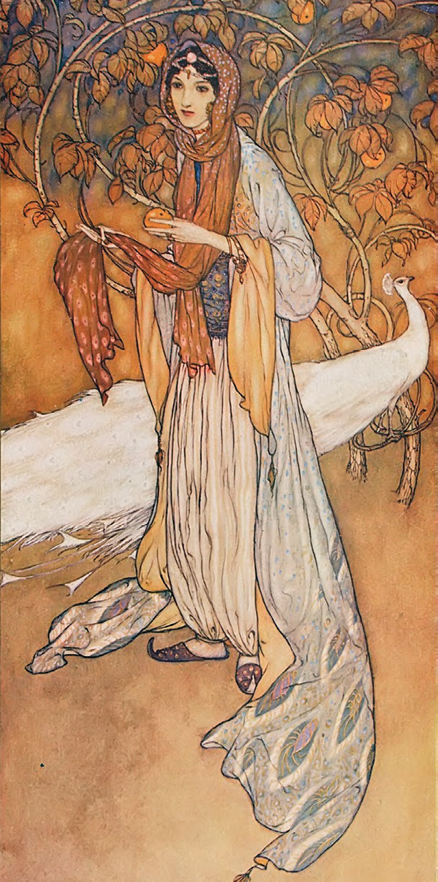 From Stories from the Arabian nights retold by Laurence Houseman; with drawings by Edmund Dulac. Wikimedia Commons.