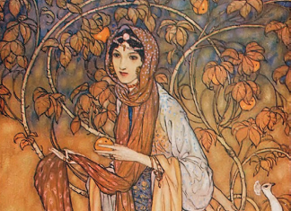 From Stories from the Arabian nights retold by Laurence Houseman; with drawings by Edmund Dulac. Wikimedia Commons.