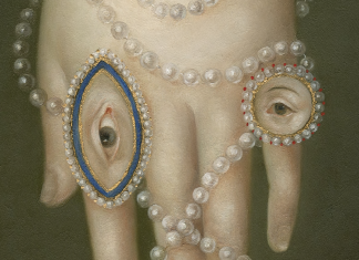 “Hand With Pearls and Lover’s Eyes” 7x5 inches, oil on panel © Fatima Ronquillo, 2017