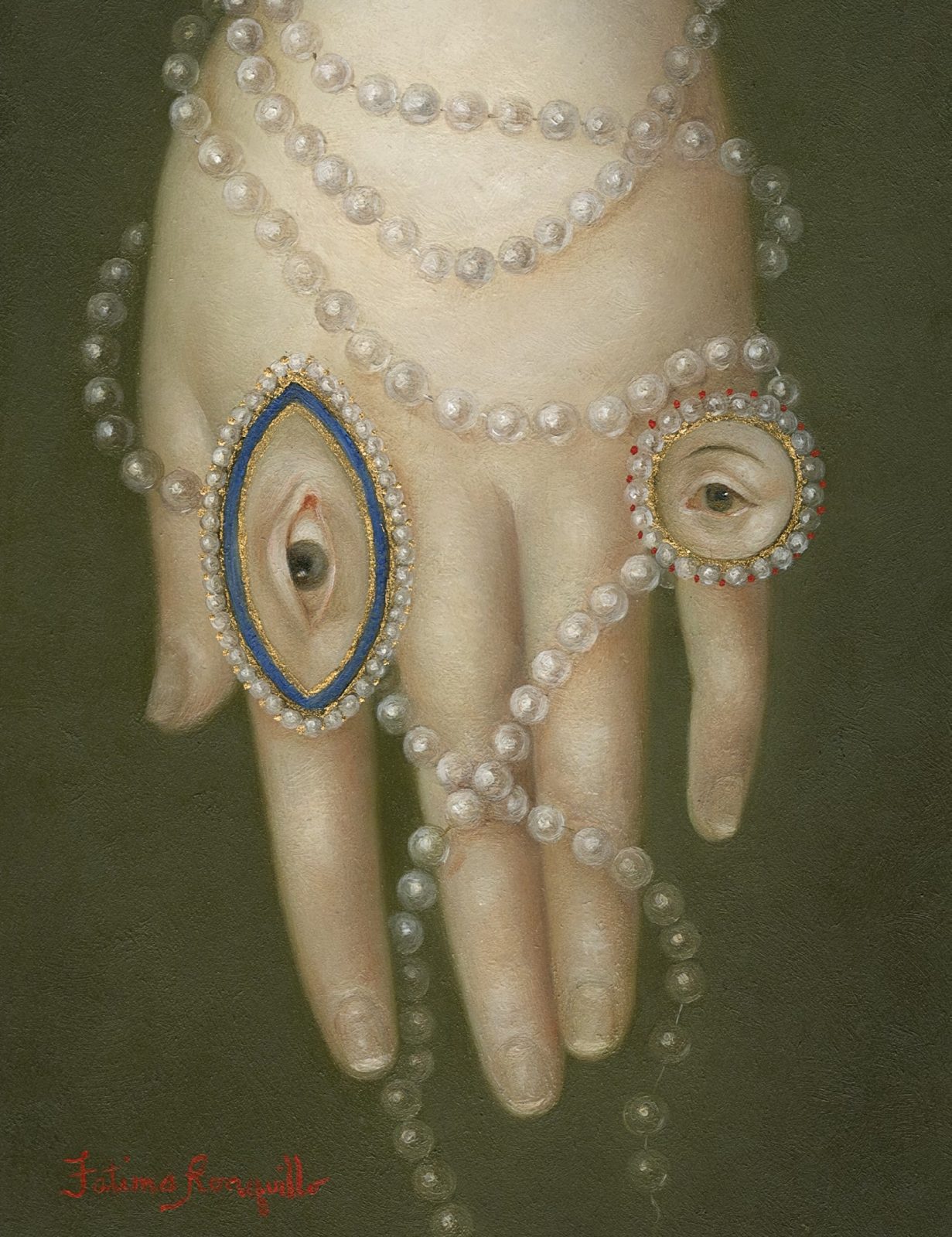 “Hand With Pearls and Lover’s Eyes” 7x5 inches, oil on panel © Fatima Ronquillo, 2017