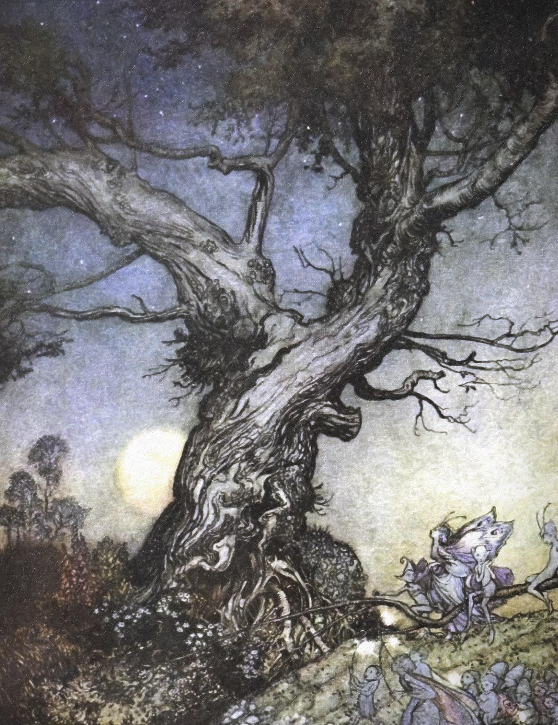 Fairy folk by an old gnarled tree by Arthur Rackham.