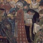 Detail from a series depicting the wedding of Sir Degrevant (wall painting), Edward Coley Burne-Jones. National Trust Photographic Library:John Hammond : Bridgeman Images