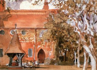 Red House, Bexleyheath painted by Walter Crane. Wikimedia Commons.