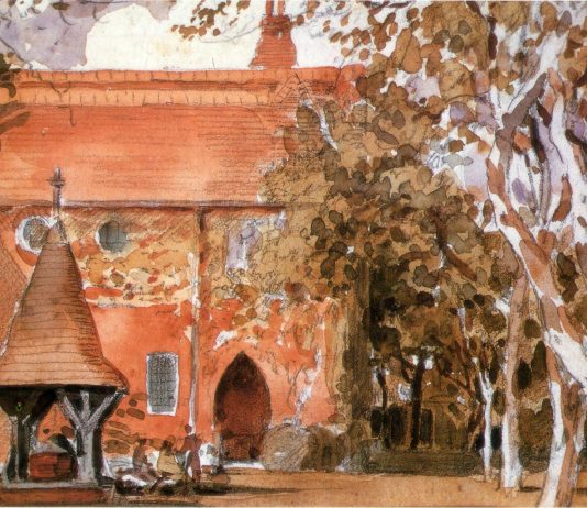 Red House, Bexleyheath painted by Walter Crane. Wikimedia Commons.