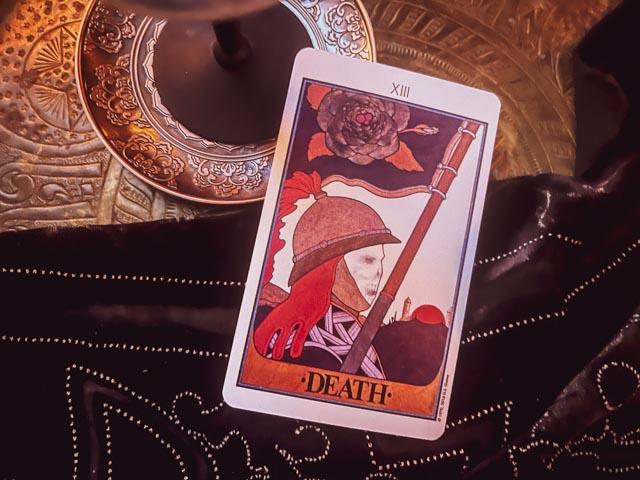 SCORPIO POWER CARD Death: Dig deeply to uncover what is hidden. Look beyond the ending to see what lies ahead, and what remains. Face your fear of transformation. From the Aquarian Tarot deck by David Palladini.