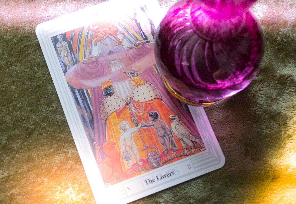 GEMINI POWER CARD: The Lovers Soul connections. Choices. Balancing of opposites to create wholeness. Honest communication. From the Crowley Thoth Deck.