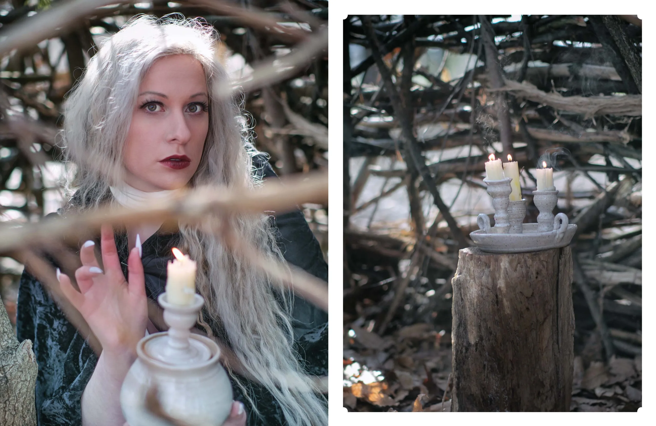 Winter Enchantment: Ceramicist Rachael Platt holding a lit manifesting jar under the full moon, surrounded by illuminated jars in a forest setting. Photography by steve parke