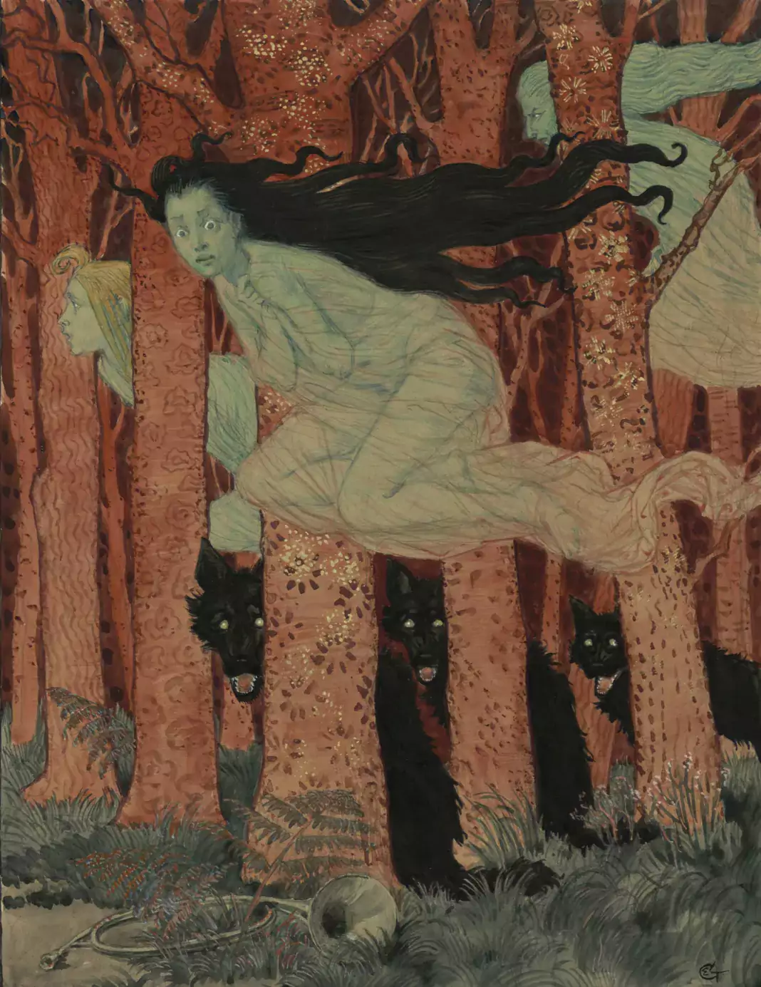 Three Women and Three Wolves (1900), by Eugène Grasset