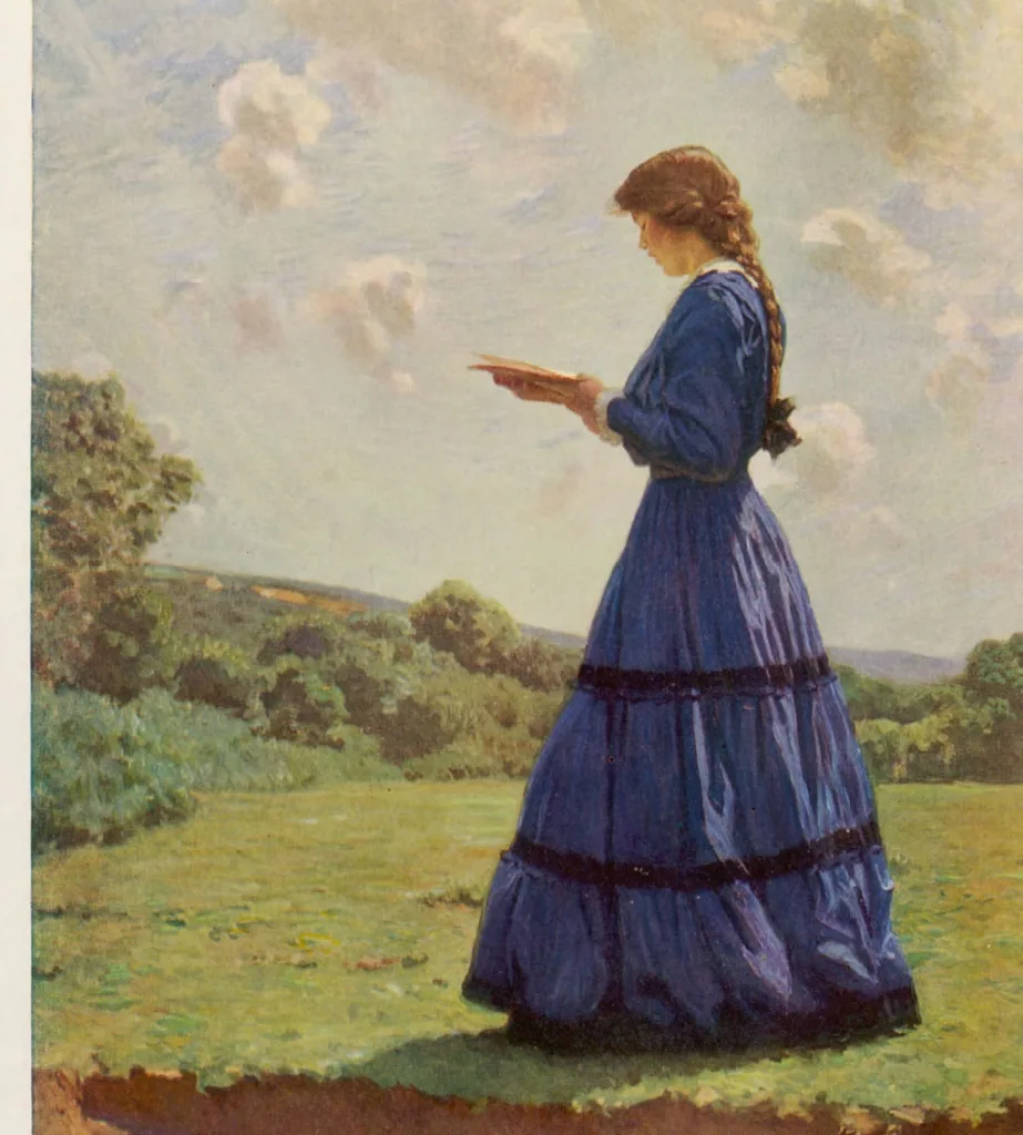 Girl Stands in a Field Reading Her Book (1911), Harold Knight. Chronicle / Alamy Stock Photo