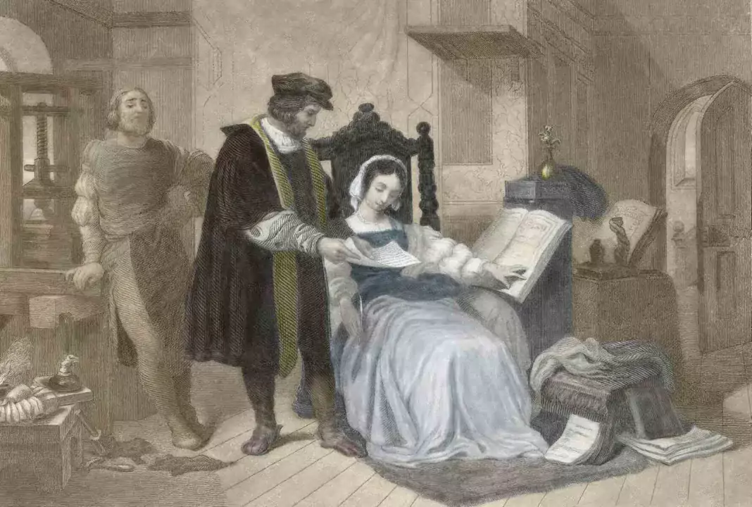 A cutting from the Illustrated London News, March 23, 1850, depicts Johannes Gutenberg showing his wife the firstproof sheet of his Bible printed from movable type. Science History Images / Alamy Stock Photo